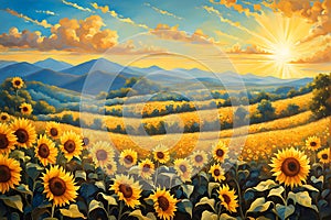 A Sunflower Field at the Peak of Summer: Bathed in Golden Sunlight, Insects Buzzing Around with a Cheerful Symphony