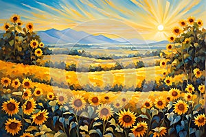 A Sunflower Field at the Peak of Summer: Bathed in Golden Sunlight, Insects Buzzing Around with a Cheerful Symphony