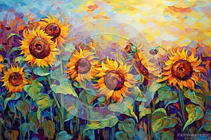 Sunflower field at twilight oil painting. Generative AI