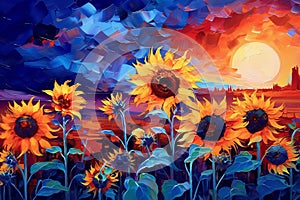 Sunflower field at twilight oil painting. Generative AI