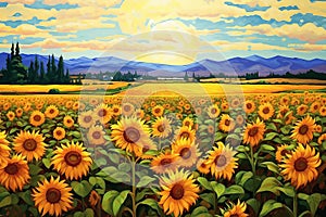 Sunflower field at twilight painting. Generative AI