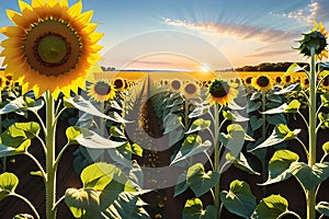 Sunflower Fields Stretching to the Horizon under a Clear Blue Sky, Dominating the Foreground with Golden Petals