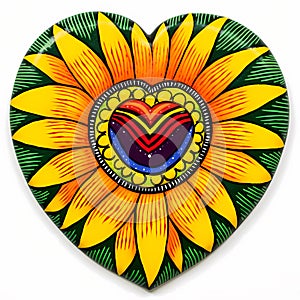 Sunflower floral heart shaped inspired by Mexican folk art