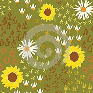 Sunflower flower abstract seamless pattern with white background