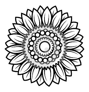 Sunflower flower. Black and white illustration of a sunflower. Linear art. Tattoo blooming sunflower.