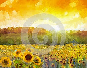 Sunflower flower blossom.Oil painting of a rural sunset landscape with a golden sunflower field. Warm light of the sunset and