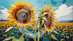 sunflower flower close-up pastel oil pallet knife paint painting on canvas Generative A