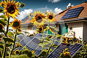 Sunflower in front of a house with solar panels k