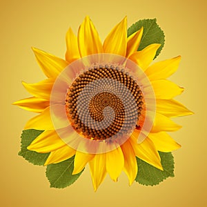Sunflower with green leafs, on a vintage background