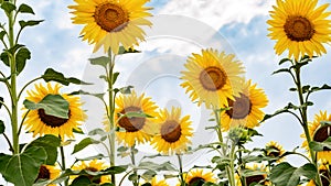 Sunflower growing in a field of sunflowers during a nice sunny summer day.