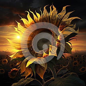 A sunflower its petals following the beams of the rising sun as it begins a new day. Zodiac Astrology concept. AI