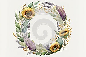 Sunflower and lavender flowers wreath watercolor, nature, flowers & gardens