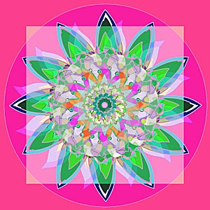 SUNFLOWER MANDALA. ABSTRACT FUCHSIA AND PINK BACKGROUND. CENTRAL FLOWER IN GREEN, TURQUOISE, BLUE, WHITE, PURPLE, BEIGE