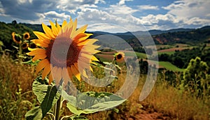 Sunflower meadow, vibrant petals, horizon over land, nature beauty generated by AI