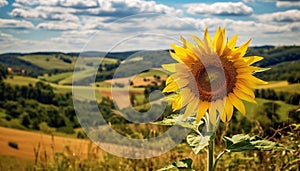 Sunflower meadow, vibrant yellow blossoms, horizon over land, idyllic summer generated by AI