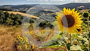 Sunflower meadow, vibrant yellow petals, horizon over land, summer generated by AI