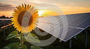 Sunflower meets solar panel at sunset