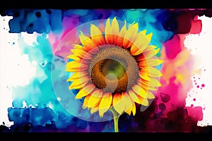 Sunflower on a multicolored background with a place for text. Watercolor paint. Digital art, Generative AI