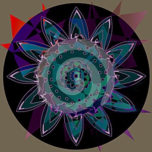 SUNFLOWER IN THE NIGHT MANDALA, DARK BLUE, TURQUOISE, LIGHT BLUE, GRAY, ABSTRACT BACKGROUND, IN LIGHT BROWN, RED AND BURGUNDY