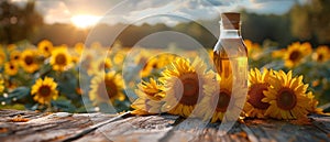 Sunflower oil in a bottle on a background of sunflowers