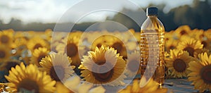 Sunflower oil in a bottle on a background of sunflowers