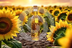 Healthy Sunflower Oil with Sunflowers in the Background - Generative AI