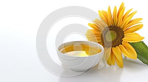 Sunflower oil and flower isolated on white, top view.