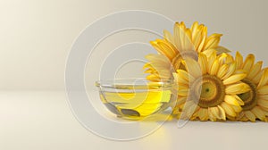Sunflower oil and flower isolated on white, top view.
