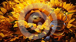 Sunflower oil in a glass with sunflowers