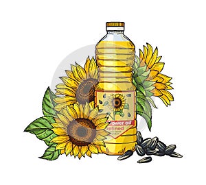 Sunflower oil sketch. Vector seeds, sunflowers and oil bottle isolated on white background