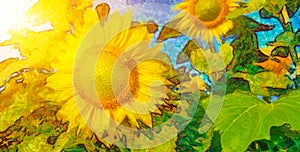 Sunflower painting.Background of sunny sunflowers.