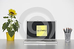 Sunflower plant on desk and sticky notepaper with Spanish text on laptop screen saying haz el trabajo (Do some work) photo