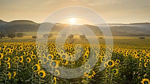 Sunflower plantation at sunrise