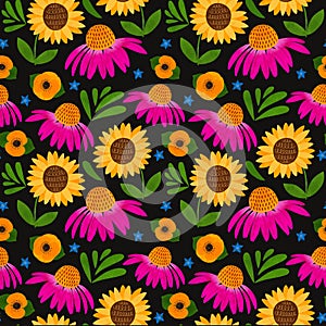 Sunflower seamless pattern. Autumn flowers pattern, watercolor echinacea purpurea print. Fall floral repeat background.