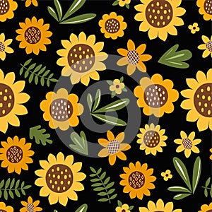 Sunflower seamless pattern on black background. Happy fall repeat print, fabric, wallpaper. Vector design