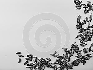 Sunflower seeds in black and white on a white surface forming a frame on one corner and two sides of image, presenting a healthy