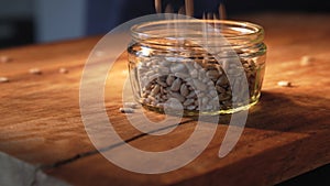 Sunflower seeds drop in a glass