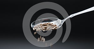 Sunflower seeds falling in slow motion from spoon