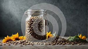 Sunflower seeds in a glass jar on a concrete background. Clean eating, vegan, balanced dieting food concept.