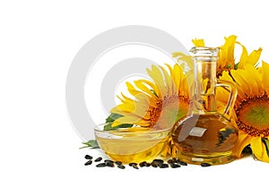 Sunflower, seeds and oil isolated on background