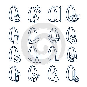 Sunflower seeds. Set of outline icons metric measurement of grain, weight, taste, degrees of storage and roasting