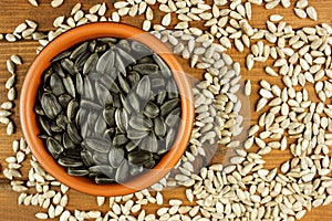 Sunflower seeds in the small bowl on the wooden background