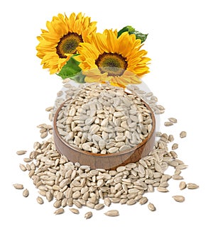 Sunflower seeds spilling from brown wooden bowl isolated on white background. Big yellow flower