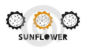 Sunflower, silhouette icons set with lettering. Imitation of stamp, print with scuffs. Simple black shape and color vector