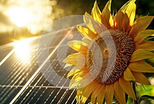 A Sunflower and Solar Panel in Bright Sunlight, generative ai