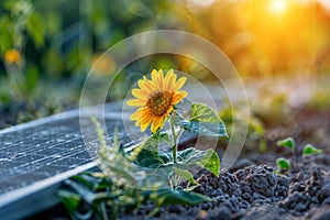 Sunflower and Solar Panel at Sunrise