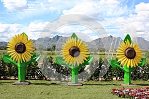 Sunflower Statues On Artificial Grass