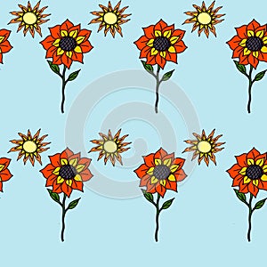 Sunflower and sunshine pattern on a blue backgroun