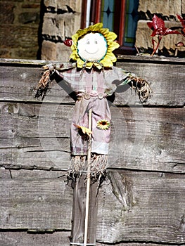 Sunflower toy against wooden background in garden