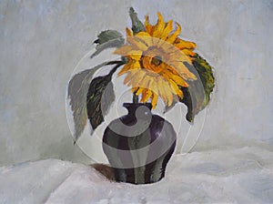 Sunflower in a vase on a light background. Oil painting.
